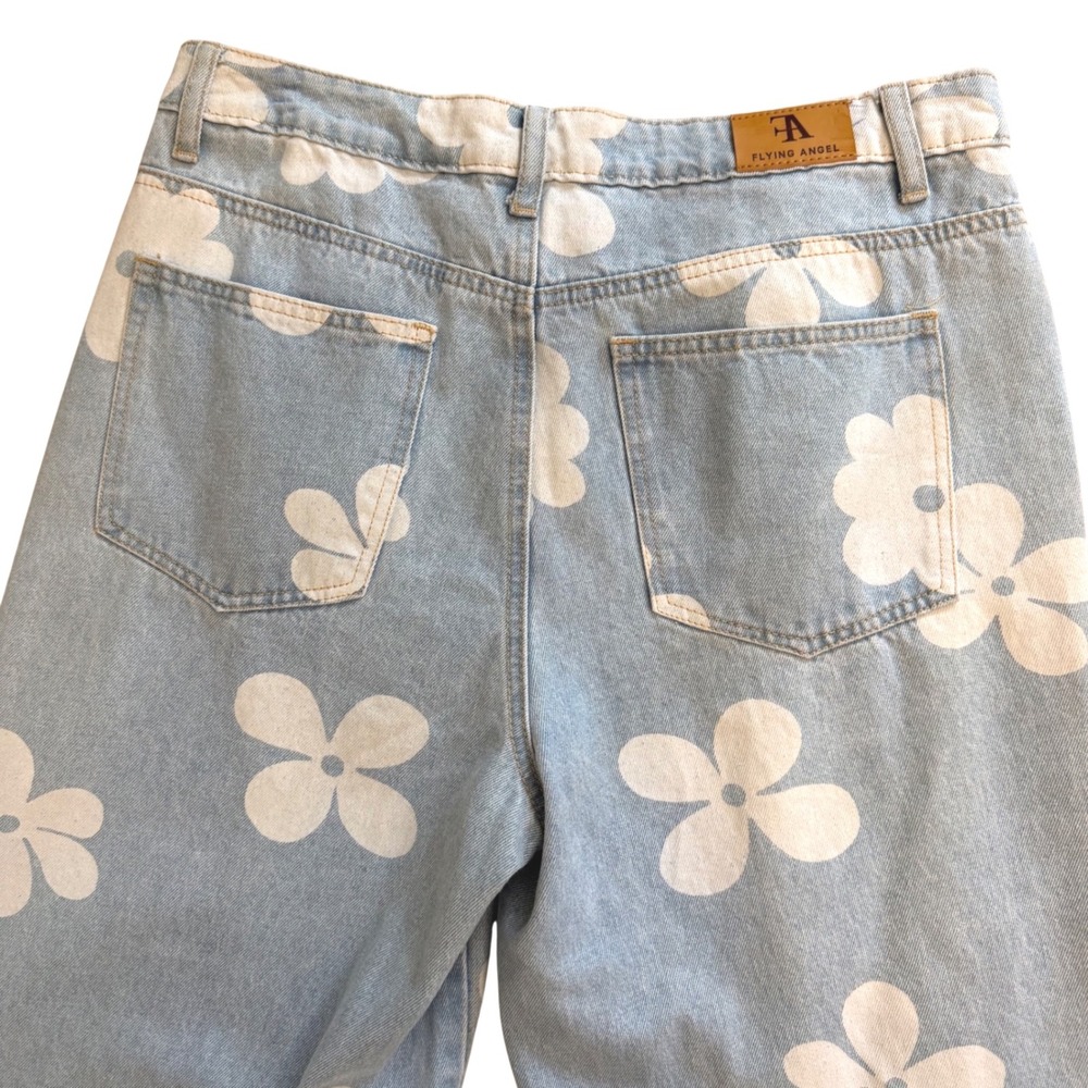 Flying Angel Daisy Floral Print Wide Leg Jeans Light Wash Blue White Size 13/31 - Picture 5 of 9